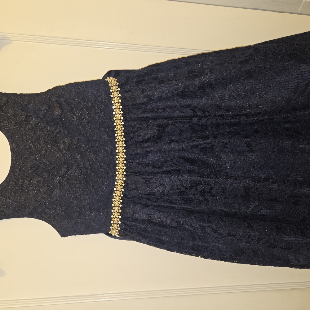 Navy Lace Girls' Party Dress with Gold Beaded Waist